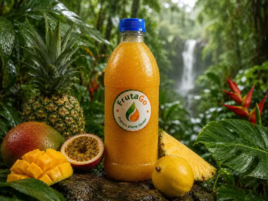 Botella de Jugo Tropical FrutaGo rodeada de piña, mango y mburucuyá